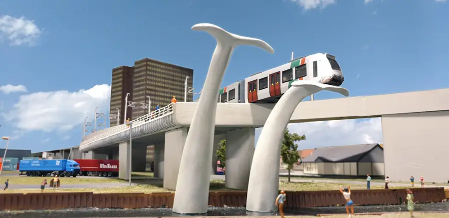 Metrotreinstel op walvisstaarten