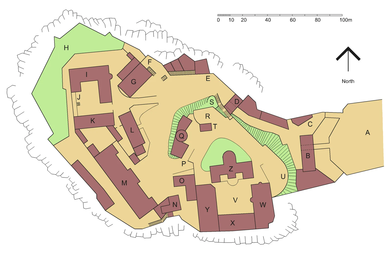 Plattegrond van Edinburgh Castle, met letters per gebouw